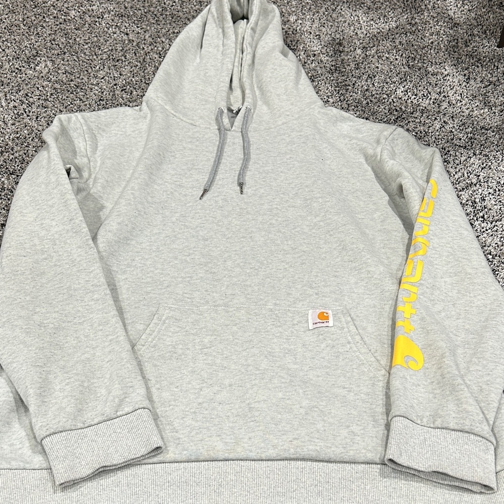 Carhartt Light Gray Hoodie with Yellow Sleeve Logo